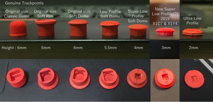 Photo showing seven variants of the Genuine TrackPoint, in profile (top row) and bottom up view (bottom row, fittingly). They have varying apertures for the TrackPoint ranging from 6mm to as little a s2mm. And now I must have them all! Evil laughter...