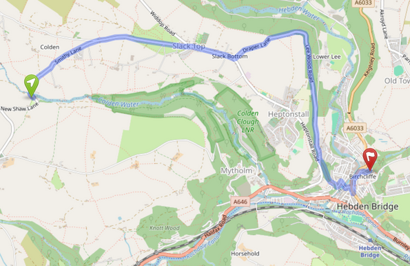 Screenshot of OpenStreetMap page showing the area around Hebden Bridge, with a route highlighted between a campsite at the New Delight Inn and the Open Source Hardware Camp venue. The route passes through the wonderfully named Slack Bottom.