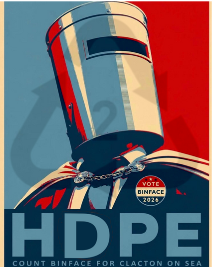 That iconic Shepard Fairey poster of Count Binface, saviour of democracy and would-be mover of hand dryers in West London pubs. But wait... Is that blurry background shape a recycling symbol? No. 2? Isn't that... HDPE?