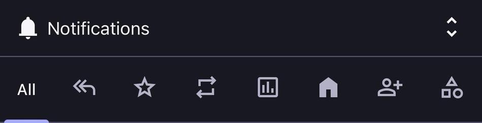 the default mastodon notifications filter bar. beyond the "all" label i don't really have any idea what these little icons mean. there's a left handed arrow, a star, a square recycle sign, a graphic equaliser, a house, somebody with a plus sign looming threateningly over their shoulder, and then literally just a bunch of shapes. i don't know what this is.