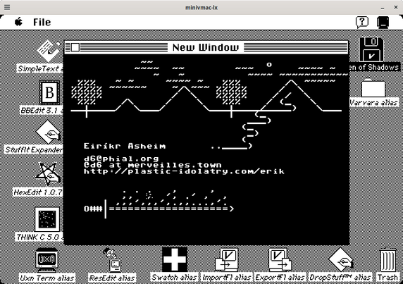 Emulated Macintosh Plus running in Minivmac. The main window shows the d6.rom contact card, which is a black window white white text and ascii art. The foreground has text and a burning sword. The background has trees, clouds, and mountains with a river running down from them. The contact information is "Eiríkr Åsheim / d6@phial.org / @d6 at merveilles.town / http://plastic-idolatry.com/erik"