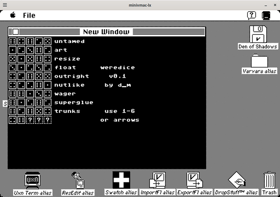 Screenshot of an emulated Macintosh Plus running in Minivmac. The main window shows the weredice.rom program, which uses dice rolls to generate passwords. The current password is "untamed art resize float outright nutlike wager superglue trunks" based on 45 dice rolls.