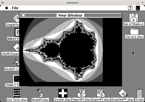 Screenshot of an emulated Macintosh Plus running in Minivmac. The main window shows a Mandelbrot fractal. Normally Uxn programs have 4 colors and the ROM is using dithering to create more false colors. However, since the 68k Mac is black and white, half those colors map to black and half to white. So the dithering ends up looking different but still kind of striking.