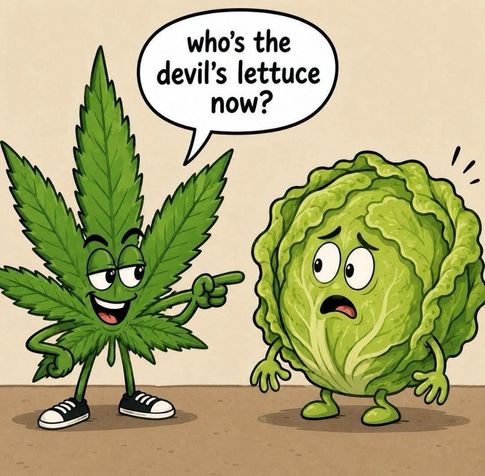 A talking cannabis leaf pointing at a head of lettuce “who’s the devil’s lettuce now?”