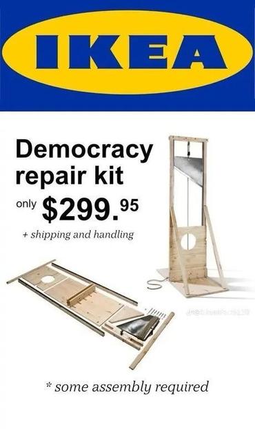 A fake IKEA product looking like a flatpack guillotine labeled "Democracy Repair Kit"