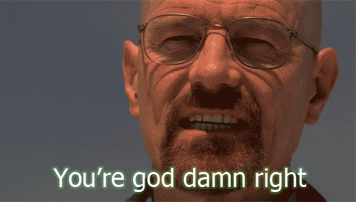 walter white gif with him saying "you're god damn right" though i wish it was spelled "goddamned"