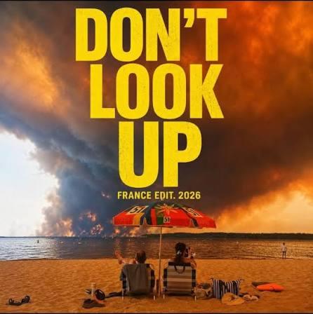 Image of beach goers watching wildfires destroy resorts in Spain & France with the caption " Don't Look Up"