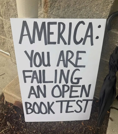 A photograph of a handwritten sign made with a wide-tipped black marker. It reads, "America: You are failing an open book test."