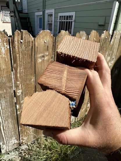 Three redwood 2x3s from the same California “century home.”