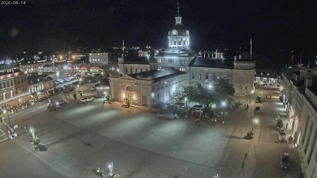 Looking SE from the roof of the British Whig Building looking over King Street, Springer Market Square and City Hall with Lake Ontario in the distance. // Image captured at: 2026-08-15 02:30:02 UTC (about 1 min. prior to this post) // Image sourced from: cityofkingston.ca // Current Temp in Kingston: 63 F | 17 C // Precip: scattered clouds // Wind: N at 2 mph | 4 kph // Humidity: 88%