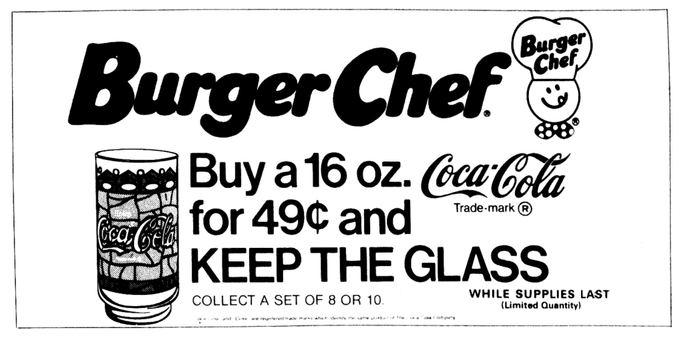 Coca-Cola glasses at Burger Chef - August 1976