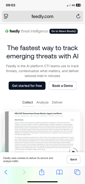 Screenshot of the home page for the RSS service feedly which is now an AI site with their news reader now an afterthought.
