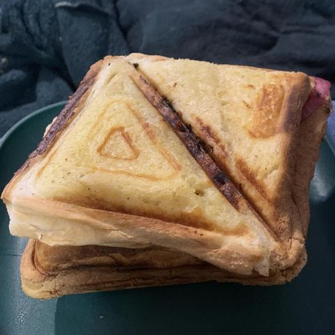 Two toasted ham and cheese sandwiches (jaffles technically, meh)