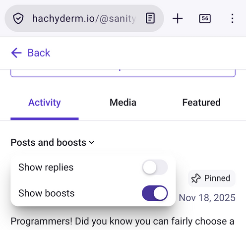 Profile page showing my own timeline with a toggle for "show boosts"