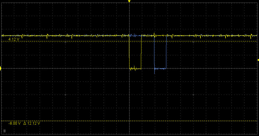 Screenshots of a digital scope. showing two dips. One in a yellow trace, one in a blue.