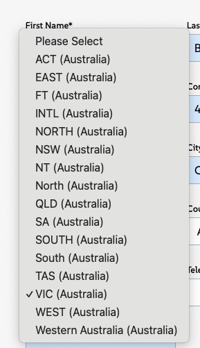 A drop down list on a web form that's apparently a selection of Australian states but the options include many extra and strange options. The full list is ACT
EAST
FT
INTL
NORTH
NSW
NT
North
QLD
SA
SOUTH
South
TAS
VIC
WEST
Western Australia