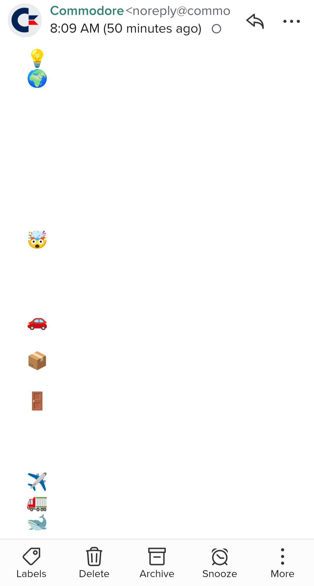 Screenshot of an email that's mostly a blank white page with a row of various emojis down the left side