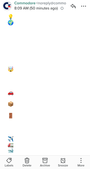 Screenshot of an email that's mostly a blank white page with a row of various emojis down the left side