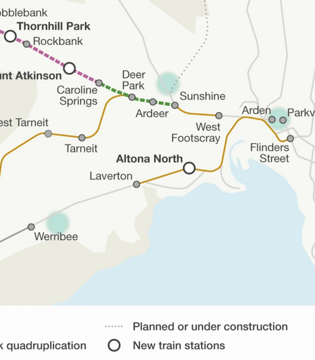 Screenshot of a map of proposed rail changes in Melbourne's west with a new station indicated at Altona North which is about where the old Paisley station used to be