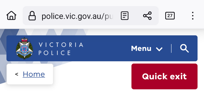 Section of the Victoria police web site with a prominent
