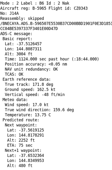 terminal screenshot of a text dump of ACARS data from a plane, mostly position and waypoint information