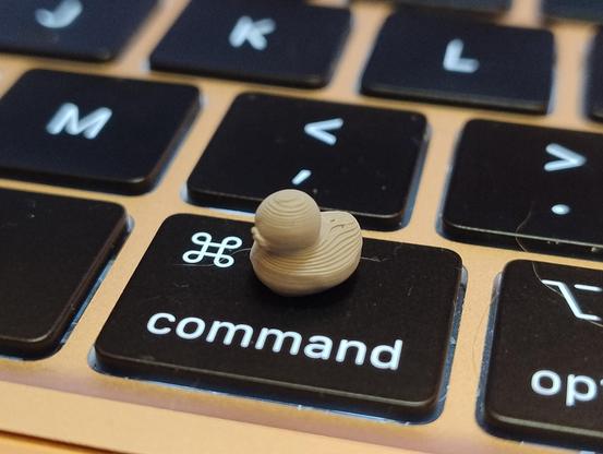 A tiny 3d printed duck on top of a Mac command key