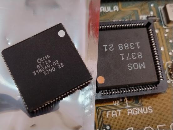 A computer chip labelled 8172a on an anti static bag, next to a computer board which has a similarly sized chip labelled 8371 in a socket 