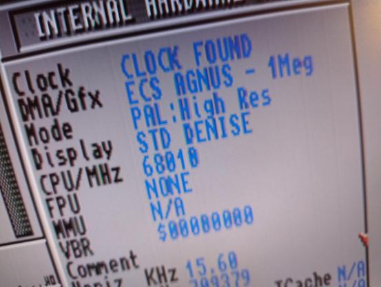 Screenshot of Amiga system info showing an upgraded Agnus and a 68010 CPU fitted 