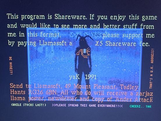 Shareware info screen from Llamatron on the Amiga saying that if I register it for five pounds I can get a poster, a newsletter and a game