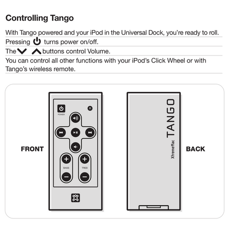 Section of the XtremeMac Tango manual describing the remote control operation and showing what it looks like