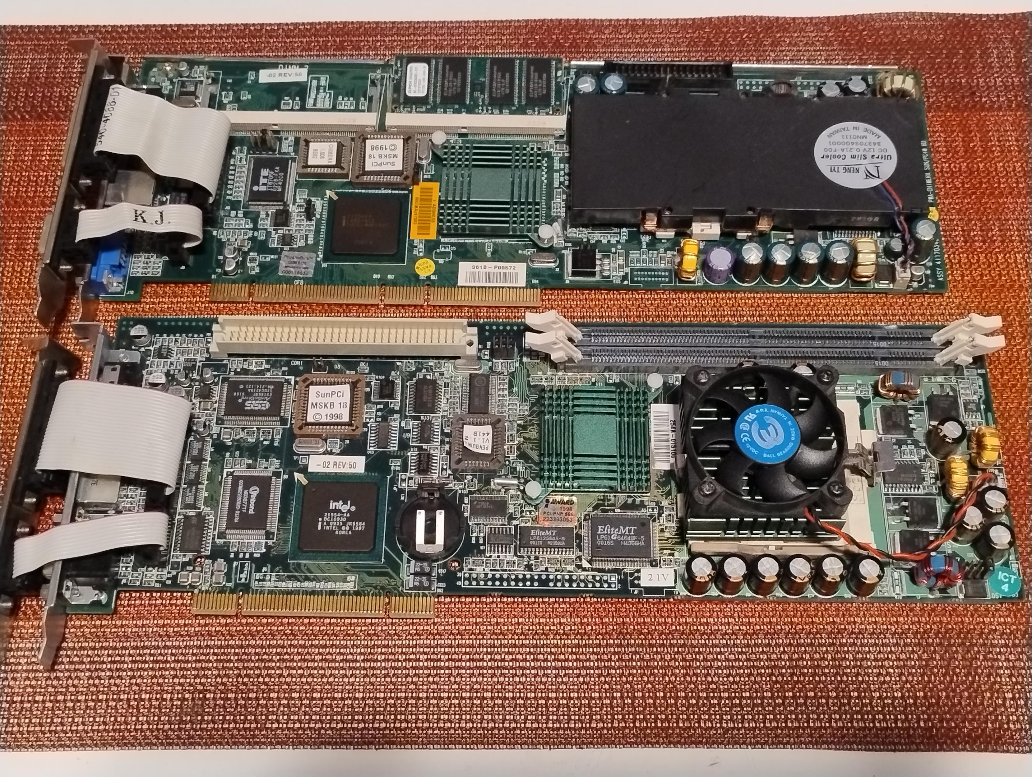 Both the 486 and 586 variants of the SunPCI card with a whole x86 PC on an expansion card for Sun workstations