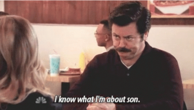 The character Ron Swanson looking up sternly with the subtitle 