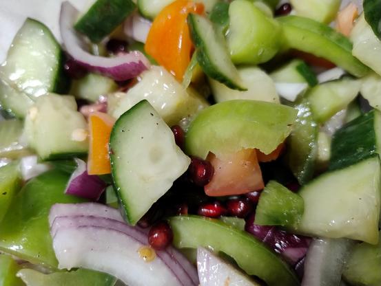 Chopped up bits of cucumber, capsicum, tomato, red onion, and pomegranate seeds in a bowl 