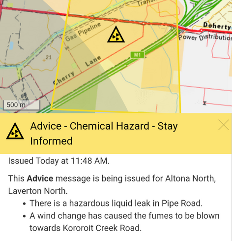 Vic emergency warning of a hazardous chemical leak in Laverton North 