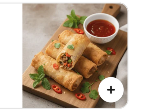 Generated image of some kind of spring roll presented on a wooden board with chopped veggies and a little dipping bowl of sauce 
