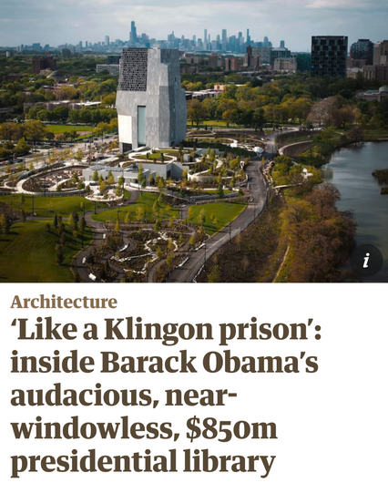 Picture of a tall grey building and a news headline 