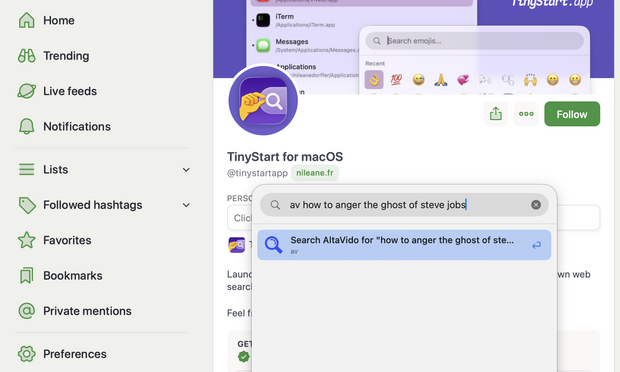 A Tiny Start App window over the fedi profile for the app account, in the search box an AltaVido query for 