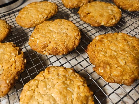 Anzac bikkies cooling on a wire rack