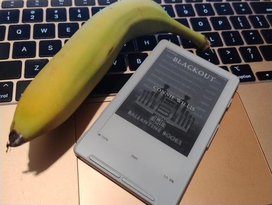 A small white e ink display device on a MacBook Air M1. It's a little smaller than the trackpad area, and has been placed next to a banana for scale