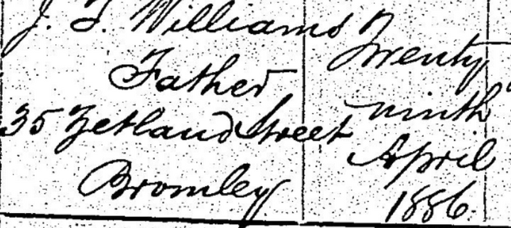 Small sections of  birth record in old cursive with an address and date