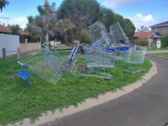 About 8 Big W shopping trolleys stacked haphazardly on some grass beside a road