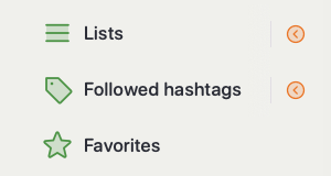 Section of the Chinwag UI where the arrow indicators next to Lists and Followed Hashtags are tangerine instead of green.