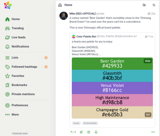 Colour palette bot post with a mixed theme of colours screenshotted in place with the Chinwag Light UI, looking quite complementary.