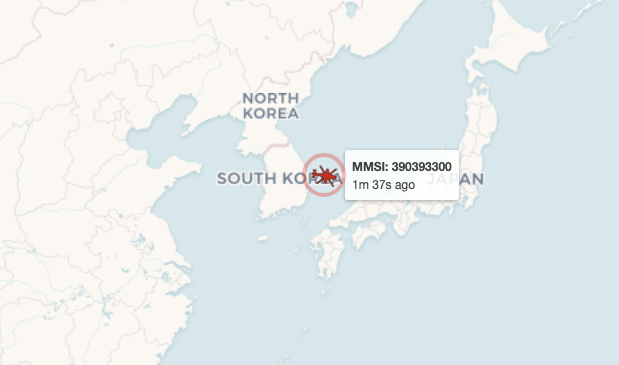 Map showing the location of a helicopter off the coast of South Korea and its identification number.