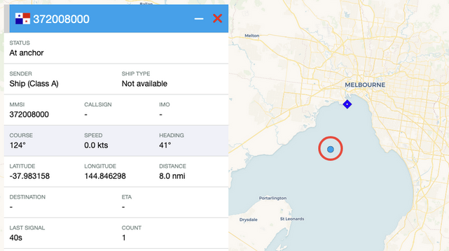 AIS traffic map showing a ship at anchor in the bay near Melbourne.