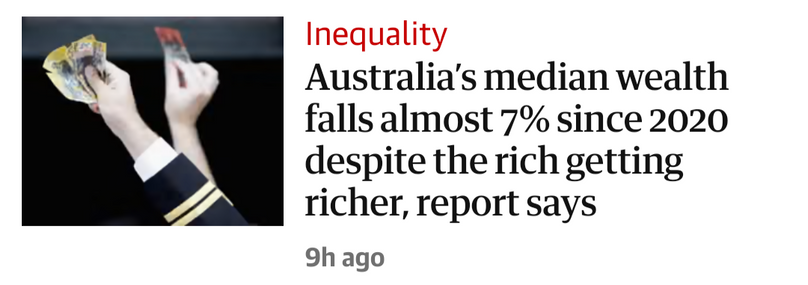 Headline screenshot:
Australia’s median wealth falls almost 7% since 2020 despite the rich getting richer, report says