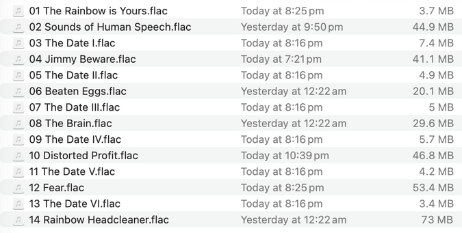 Directory listing of all the tracks on Rainbow Headcleaner in FLAC format.
