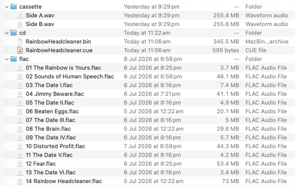 Mac Finder screenshot, directories full of files for cassette, cd, and flac copies of Rainbow Headcleaner.