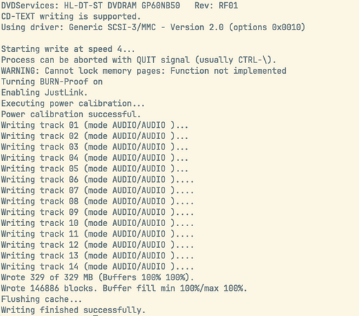Terminal screenshot of writing an audio CD with the cdrdao utility.