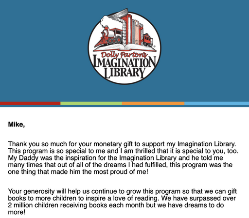 Screenshot of a thank you email for donating to Dolly Parton's Imagination Library.  